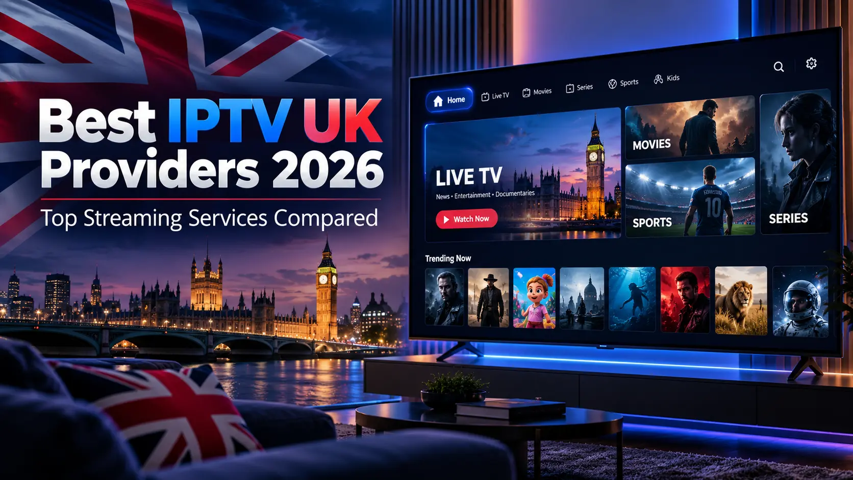 IPTV UK comparison of legal providers Sky Stream, NOW, Virgin Media, EE TV and Freely on a TV screen