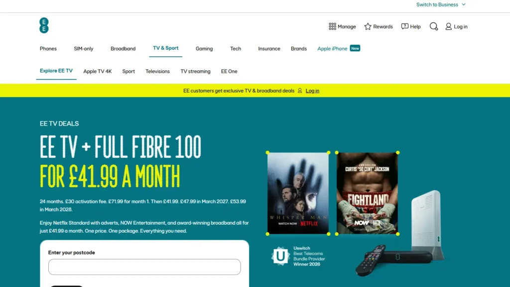 EE TV page showing EE TV Box Pro with TNT Sports and Sky Sports options