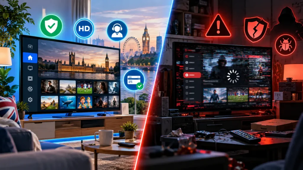 Illustration comparing legal UK IPTV providers with illegal cheap UK IPTV subscriptions