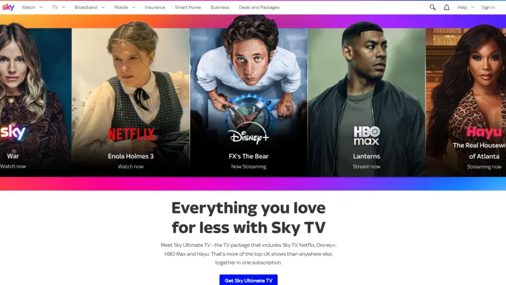 Sky Stream UK IPTV service homepage showing Sky TV packages without a dish