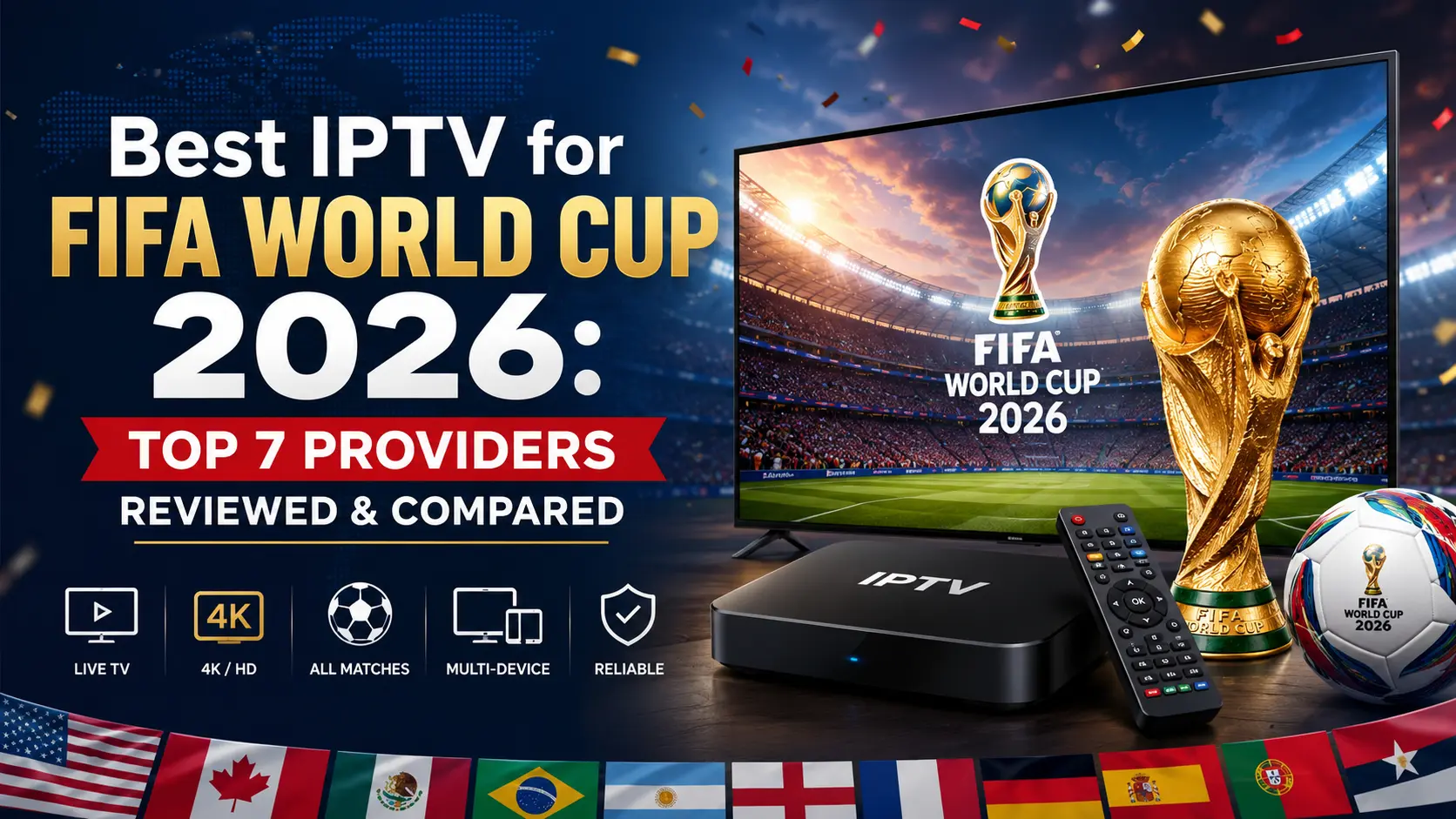 Best IPTV for FIFA World Cup 2026 showing an IPTV box, Smart TV streaming a live match, FIFA World Cup trophy, and a football with country flags — Top 7 Providers Reviewed