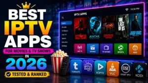 Comparison graphic of the best IPTV apps for movies and TV shows in 2026, featuring TiviMate, IPTV Smarters Pro, XCIPTV, VLC, GSE Smart IPTV, and Kodi app icons