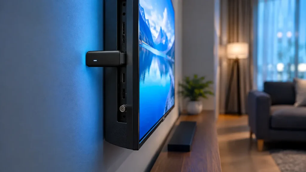 Streaming stick plugged into a Samsung smart TV HDMI port to run IPTV Smarters Pro