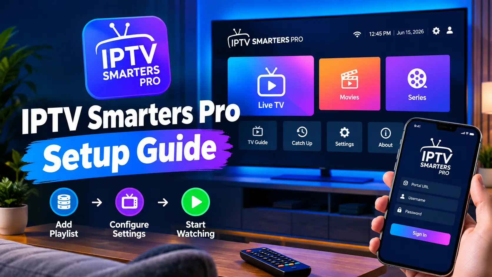 IPTV Smarters Pro dashboard with Live TV, Movies and Series tiles on a smart TV