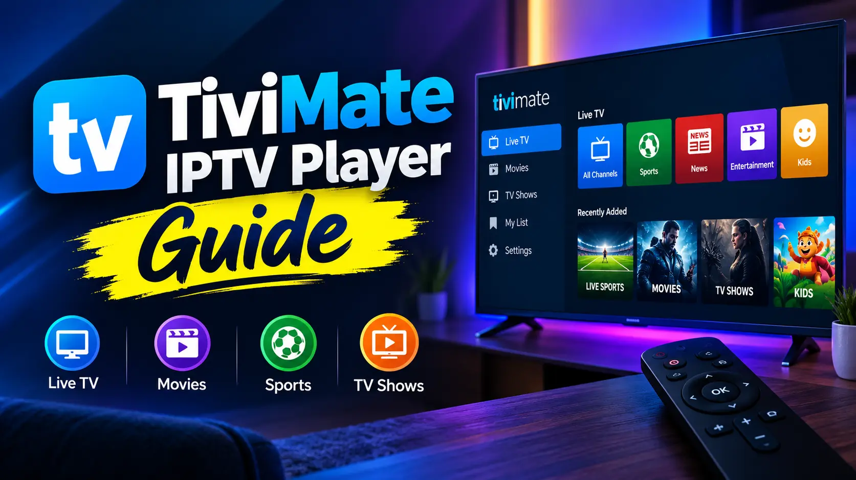TiviMate IPTV player showing a cable-style TV guide on an Android TV