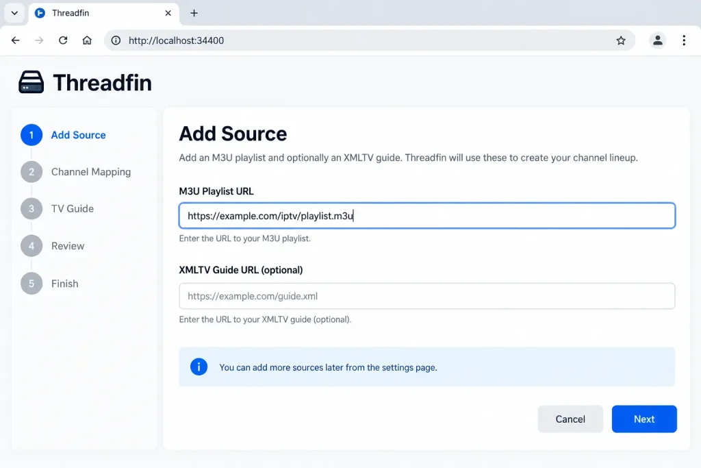 Threadfin setup wizard with an M3U playlist URL added