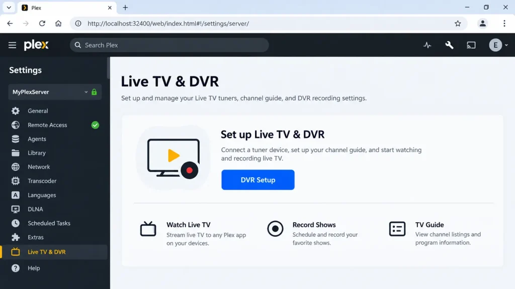 Plex Settings Live TV and DVR page with the DVR Setup button