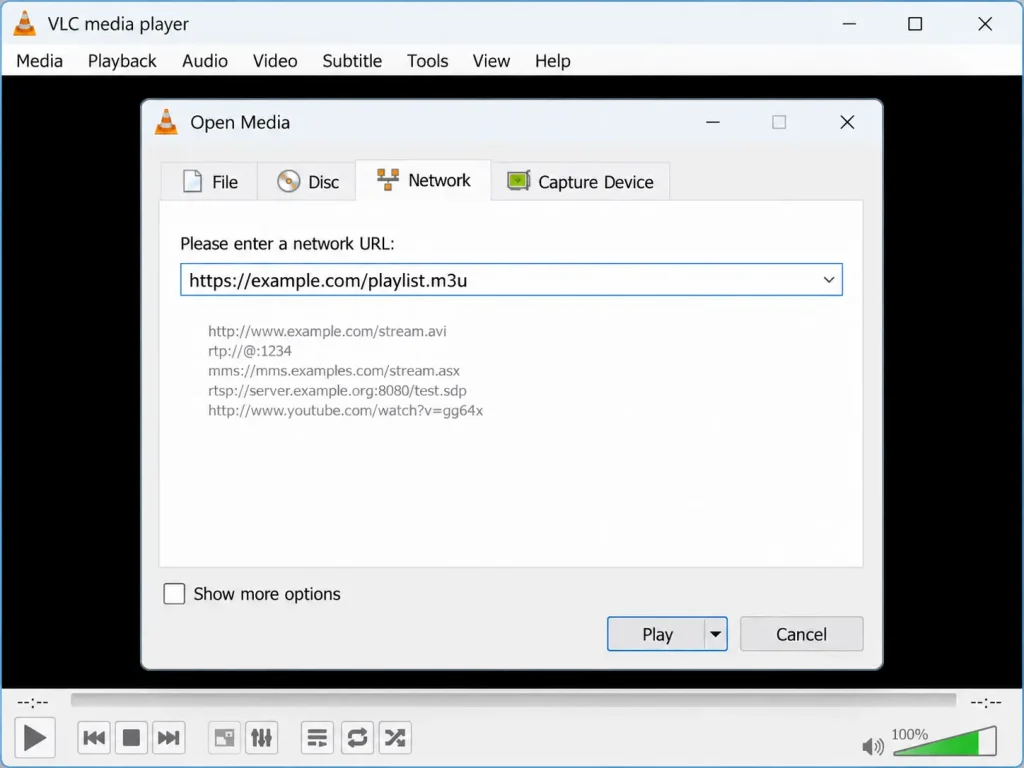 VLC Open Media window with an M3U playlist link pasted in the Network tab