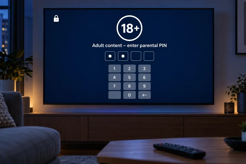 Smart TV showing an 18+ lock screen asking for a parental PIN before adult content