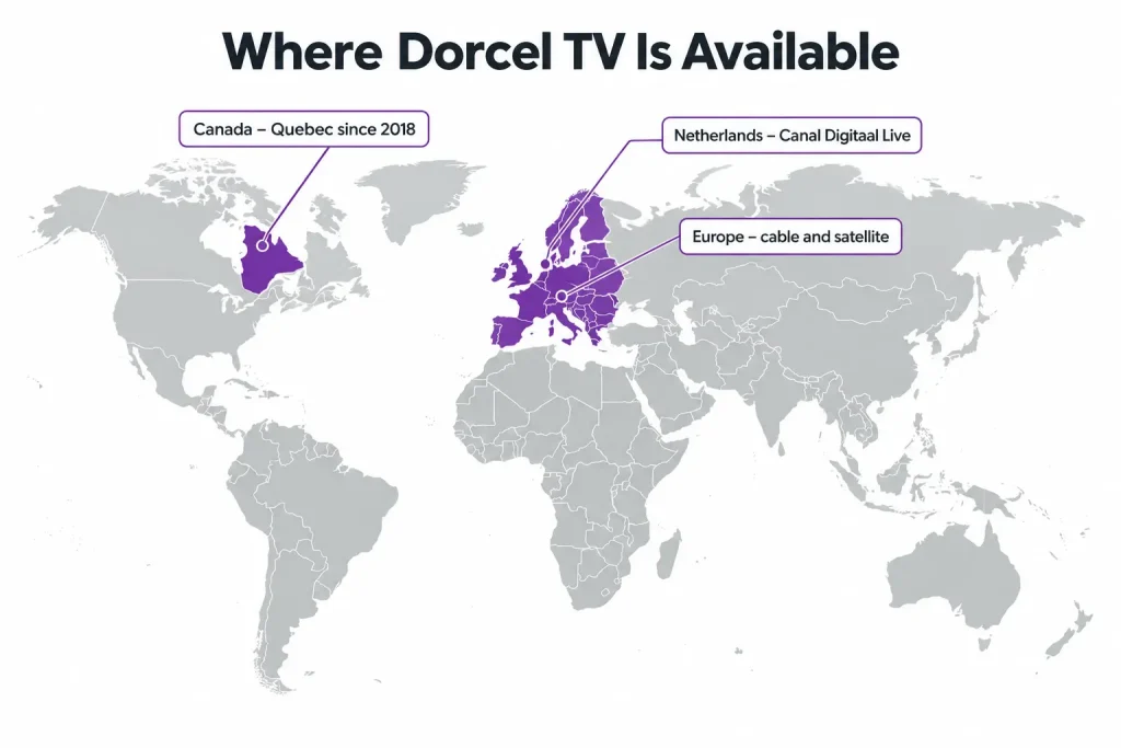 World map showing where Dorcel TV is available in Europe, the Netherlands and Quebec, Canada