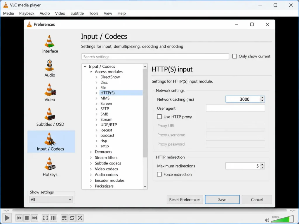 VLC advanced preferences with network caching set to 3000 ms