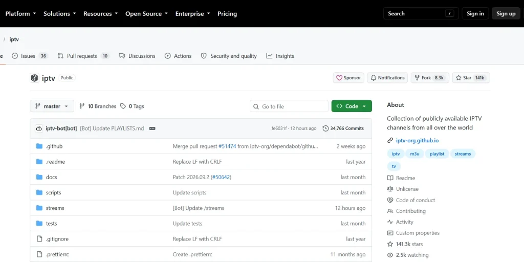 iptv-org GitHub page showing the main M3U playlist link for VLC