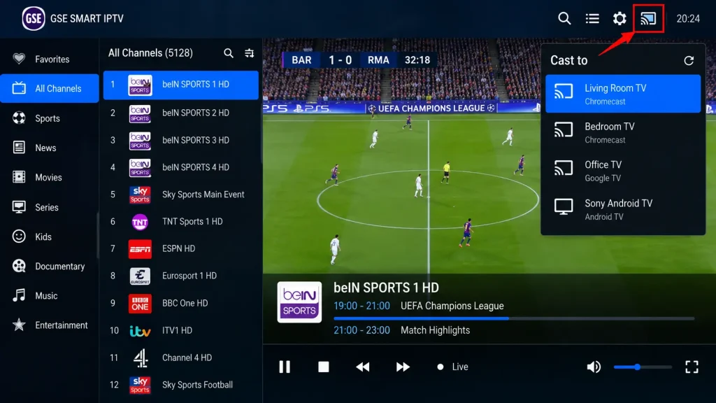 GSE Smart IPTV player with the Chromecast cast icon highlighted