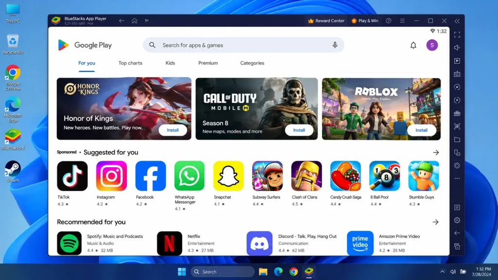 Google Play Store inside BlueStacks on a Windows PC