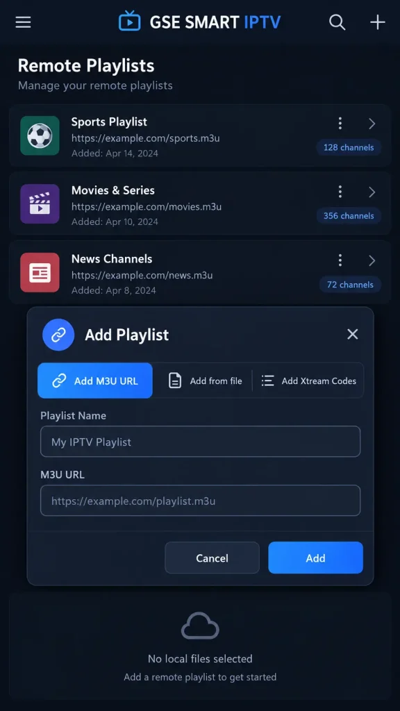 GSE Smart IPTV Remote Playlists screen with the Add M3U URL option