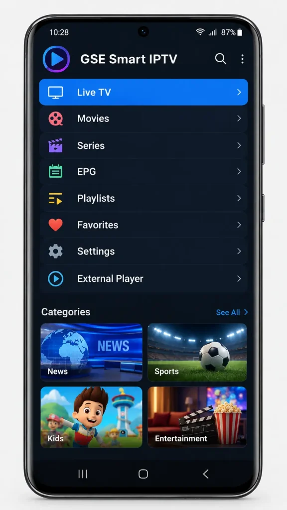 GSE Smart IPTV main menu on an Android phone