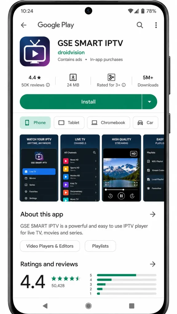 GSE SMART IPTV app listing by droidvision on the Google Play Store