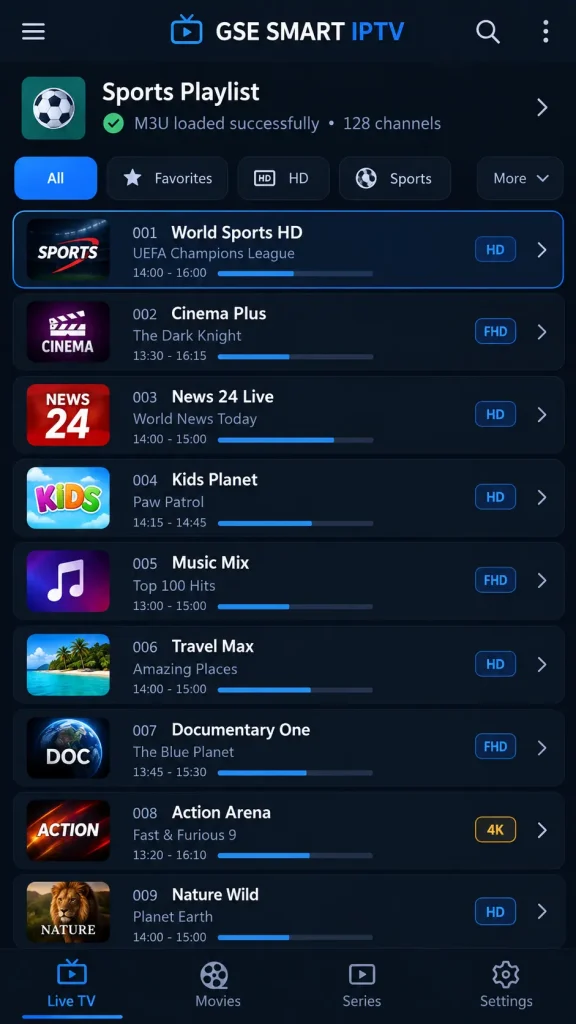 GSE Smart IPTV channel list after loading an M3U playlist