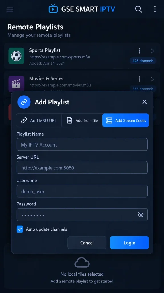 GSE Smart IPTV Xtream Codes API login form with server URL, username and password