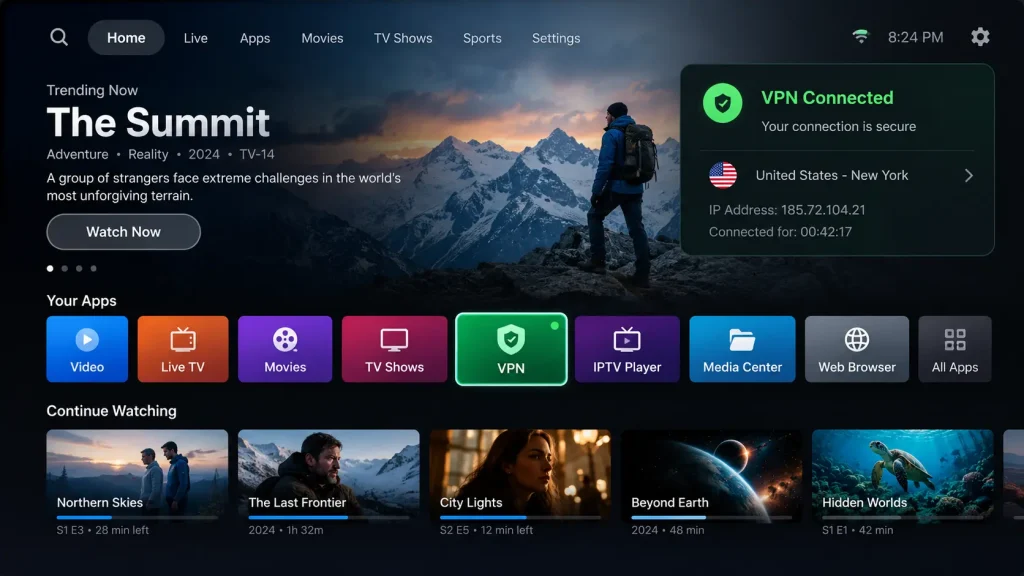 VPN app connected on a Fire TV home screen before opening an IPTV player