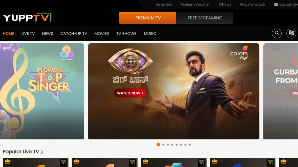YuppTV app showing Indian live TV channels in Hindi, Telugu and Tamil
