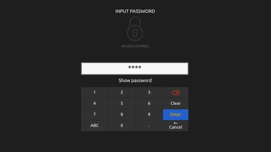 MAG Ministra player input password screen for the parental control PIN, default 0000