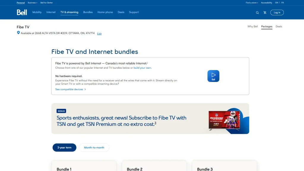 Bell Fibe TV app packages page showing Starter to Best TV plans