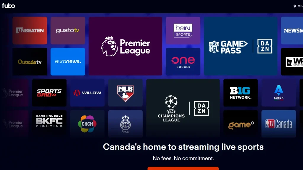 Fubo Canada sports streaming service home screen