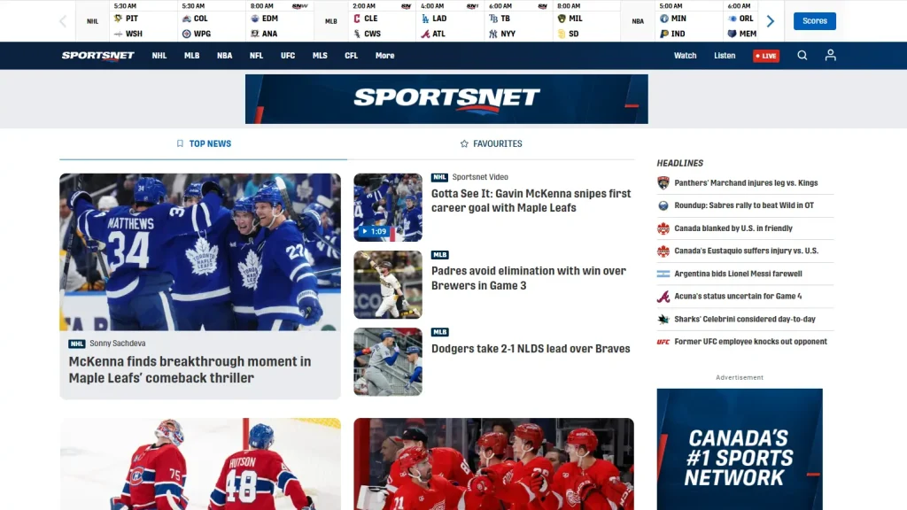 Sportsnet+ streaming page with NHL hockey games in Canada