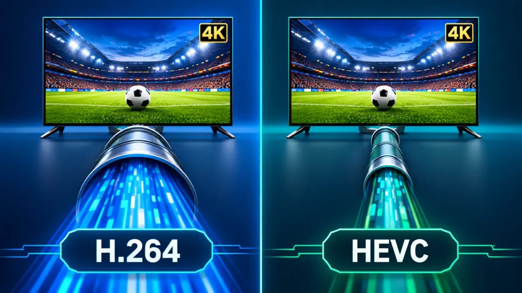 H.264 vs HEVC comparison showing HEVC using about half the bitrate for the same quality