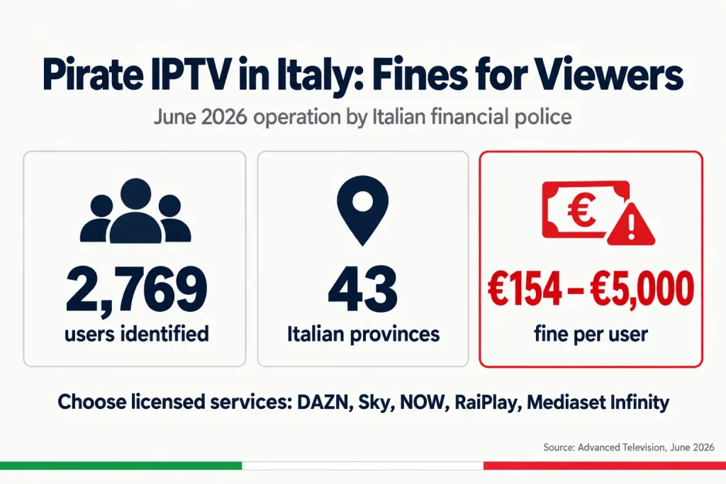 Graphic showing Italian fines of €154 to €5,000 for pirate IPTV viewers