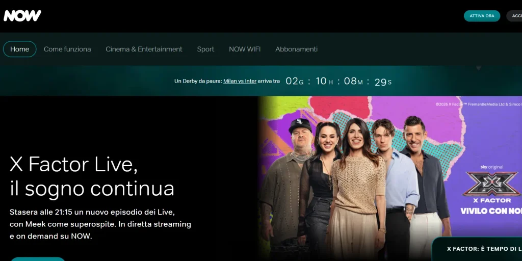 NOW Italy streaming app with Pass Sport on a smart TV