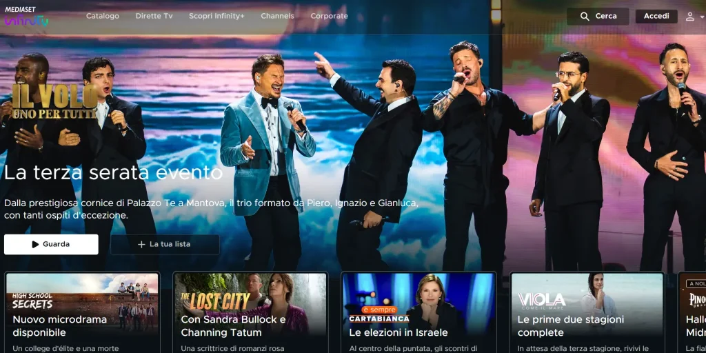 Mediaset Infinity free Italian streaming app home screen
