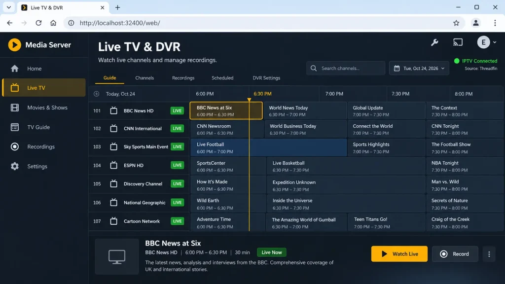 Plex Live TV guide showing IPTV channels added through Threadfin