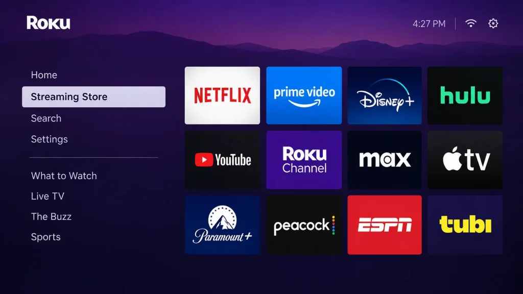 Roku home screen with the Streaming Store selected