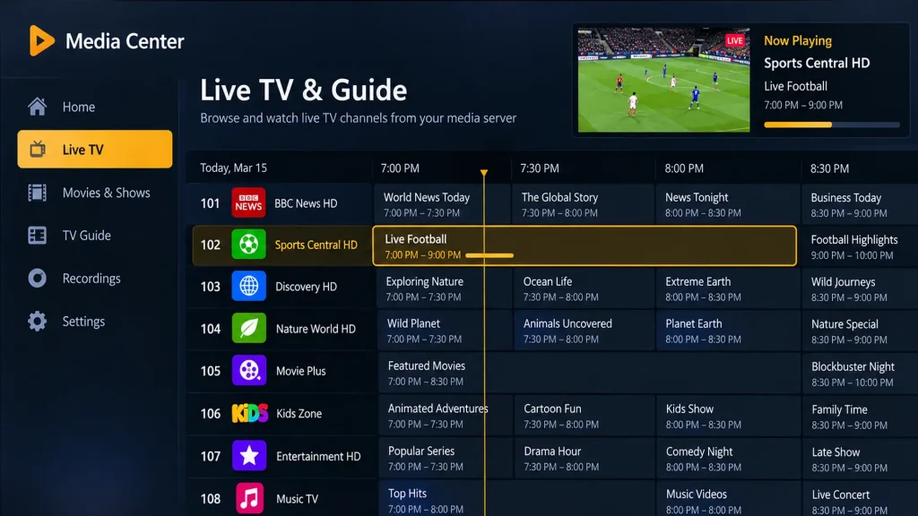 Plex Live TV guide with IPTV channels on a Roku TV
