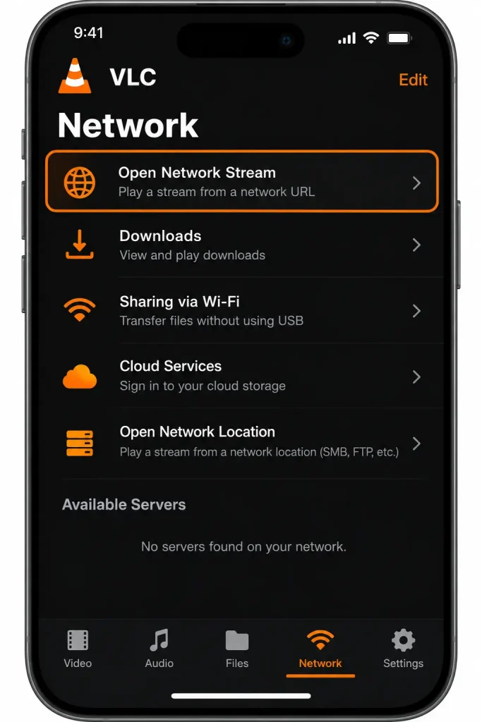 VLC for iPhone Network tab with Open Network Stream