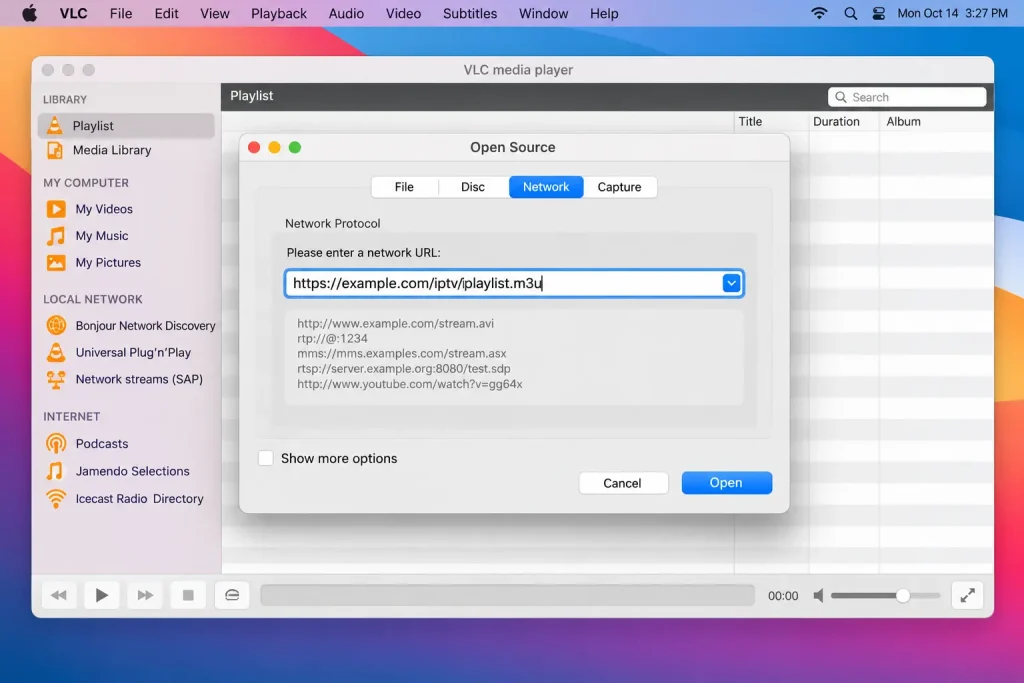 VLC for Mac Open Source window with the Network tab and an M3U URL