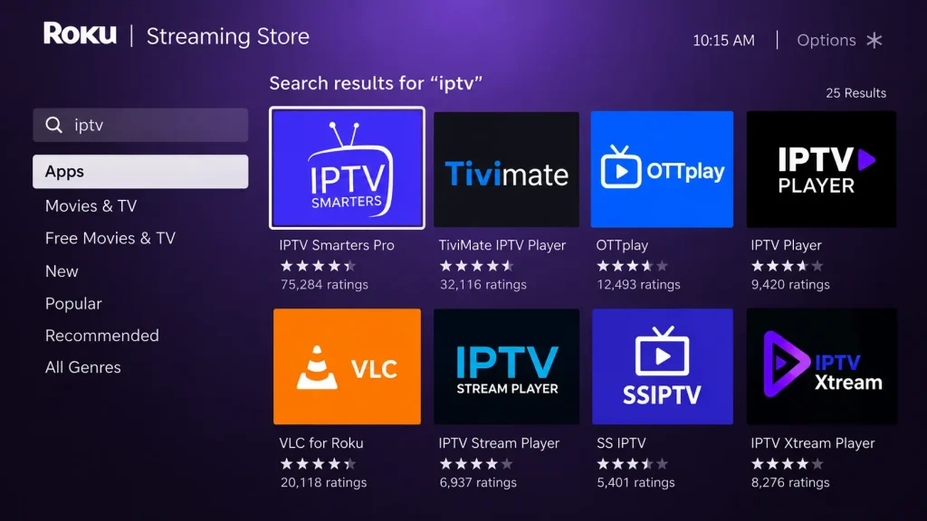 Roku Streaming Store search results for IPTV player apps