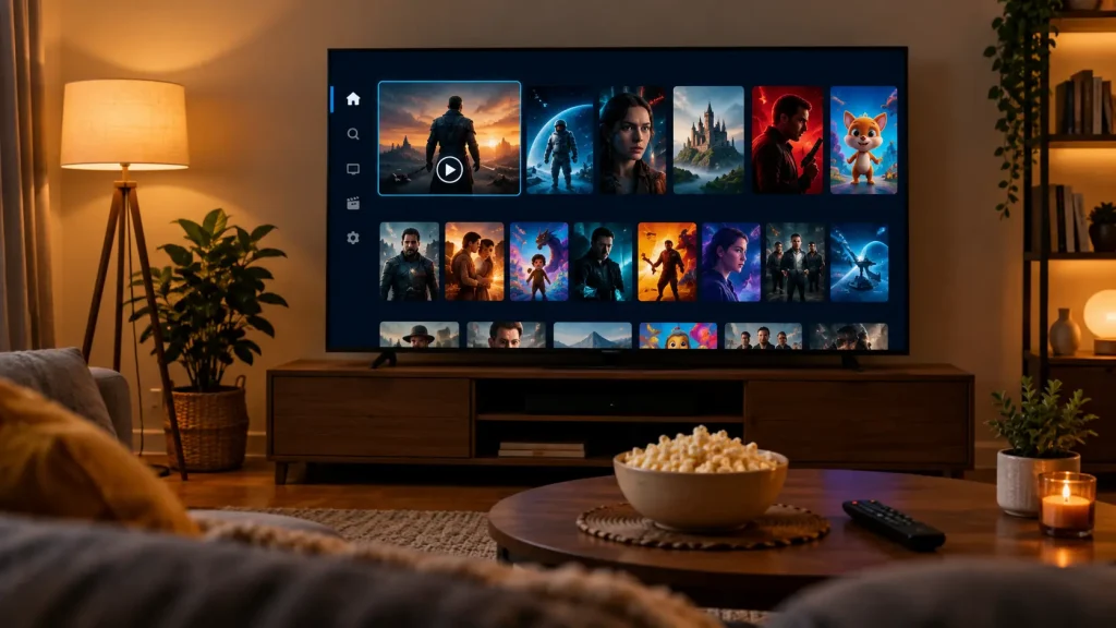 IPTV player app showing a movie and TV series library with posters