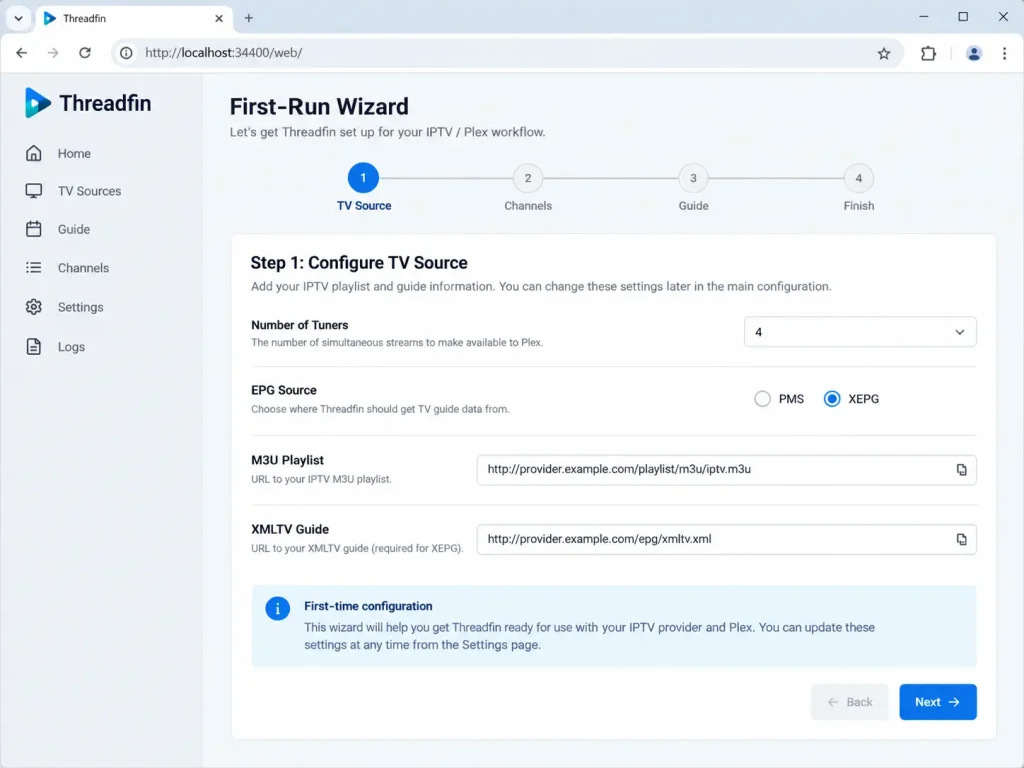 Threadfin web interface first-run wizard on port 34400