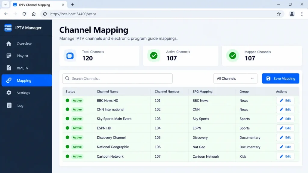 Threadfin Mapping page with active green IPTV channels