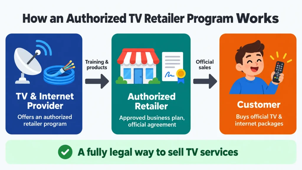 Infographic showing how an authorized TV retailer program works, from provider to retailer to customer