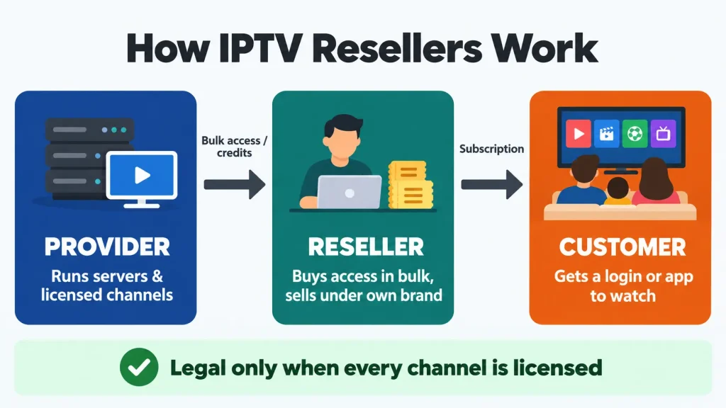 Diagram showing how an IPTV reseller buys access from a provider and sells subscriptions to customers