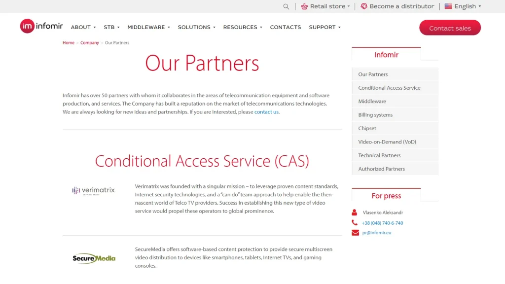 Infomir partnership page for IPTV distributors, operators and system integrators