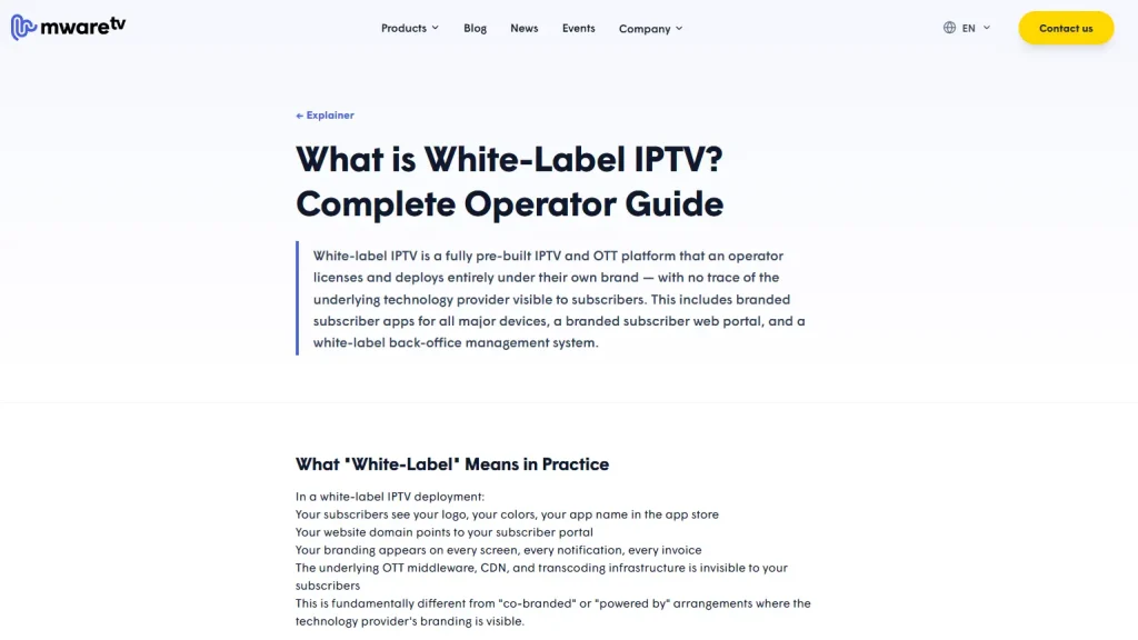 MwareTV white-label IPTV platform page showing branded apps for operators