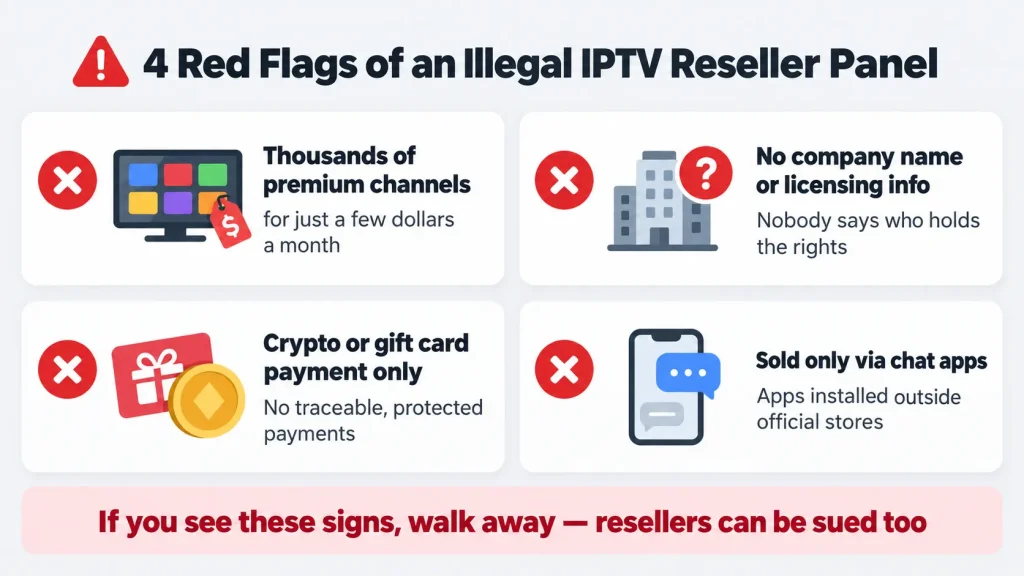 Checklist of four red flags of an illegal IPTV reseller panel, including cheap premium channels and crypto-only payment