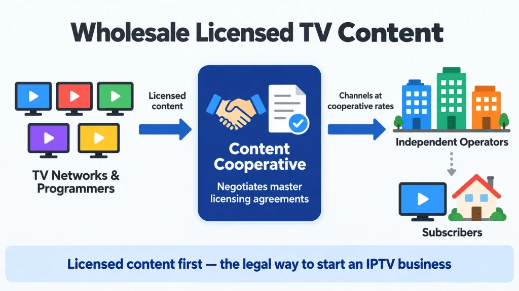 Infographic showing how a content cooperative licenses TV networks to independent operators and their subscribers
