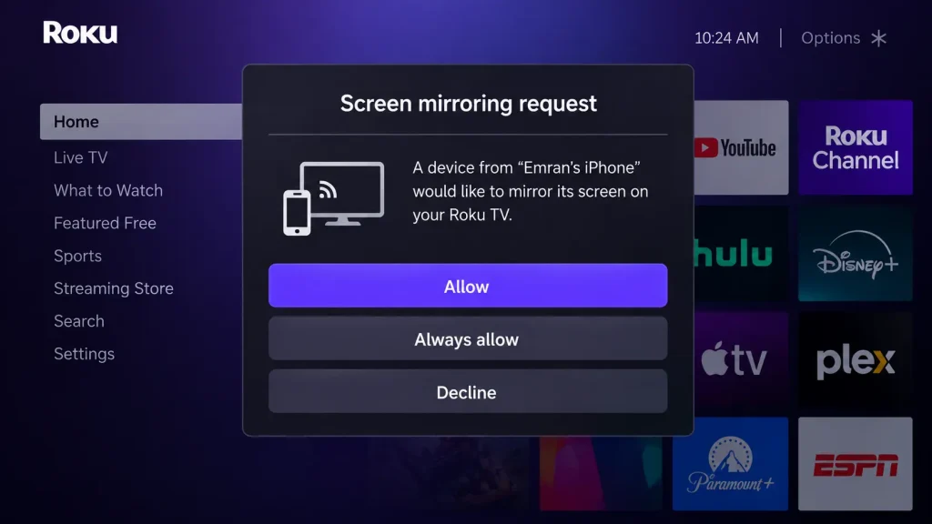 Roku screen mirroring request with Allow and Always allow options