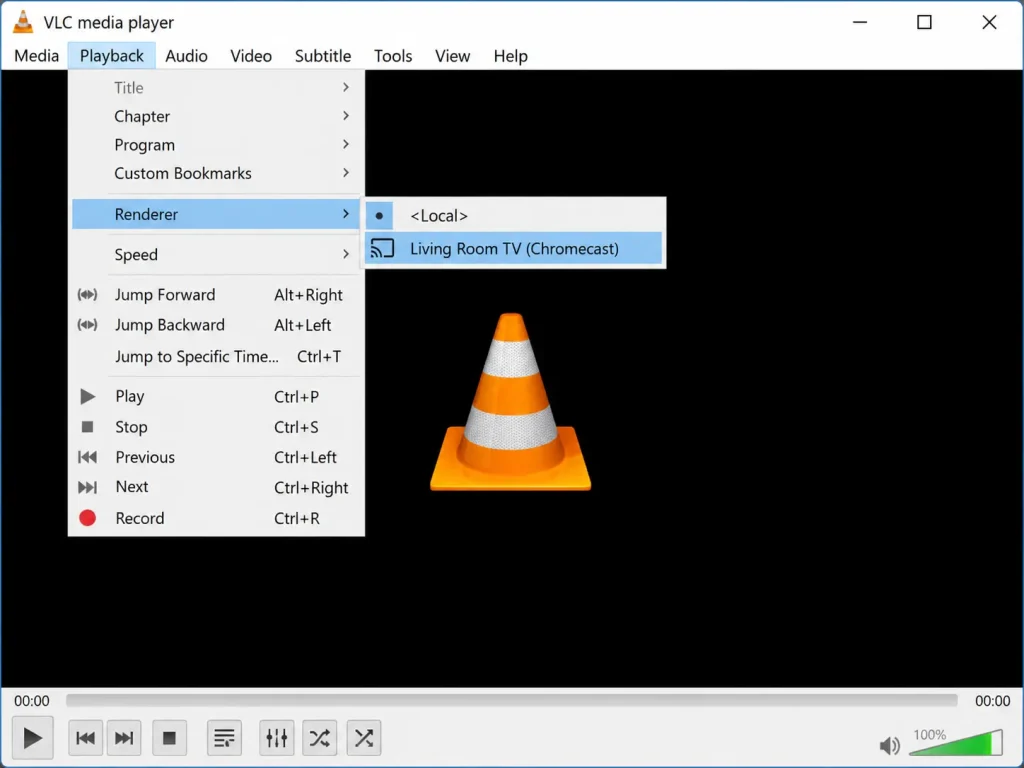 VLC Playback menu with Renderer and a Chromecast device selected